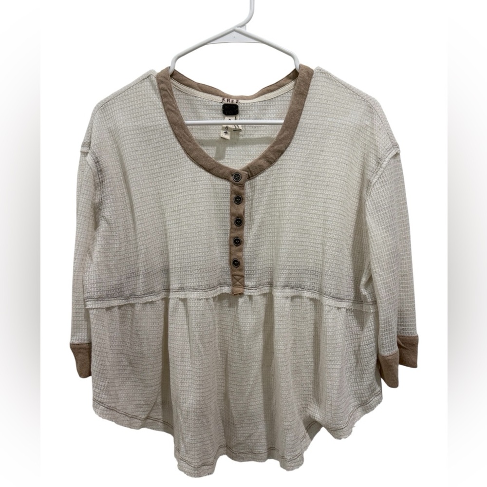 Free People Cream and Tan Waffle Knit Top